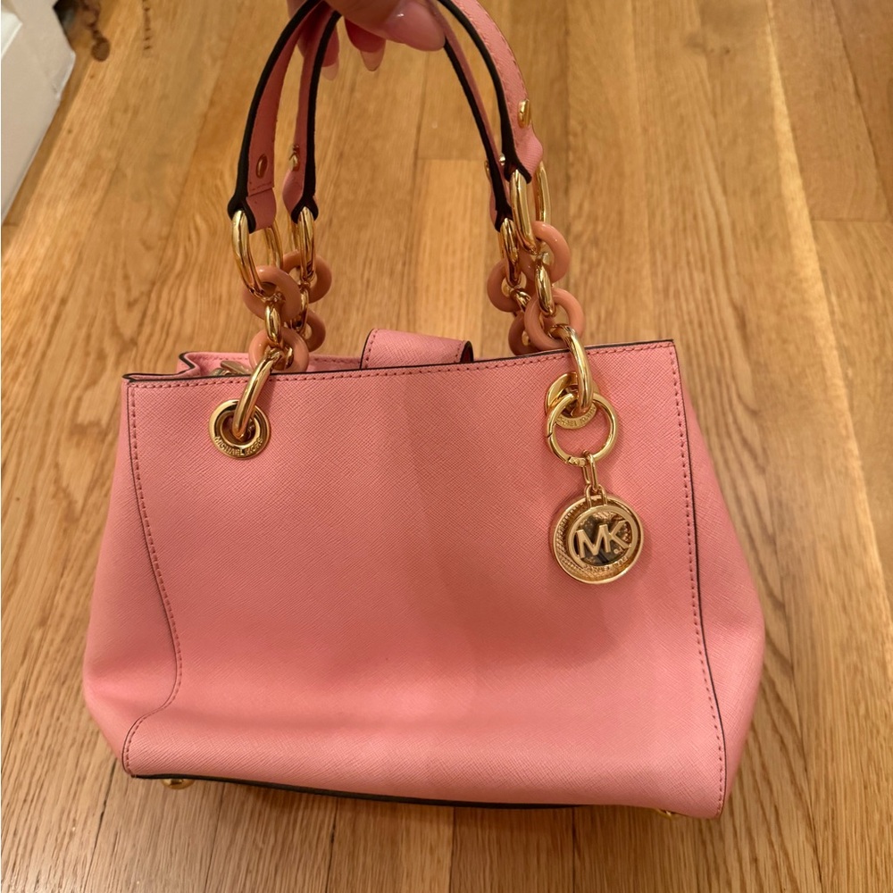 Michael Kors Pink Saffiano Satchel with Gold Hardware